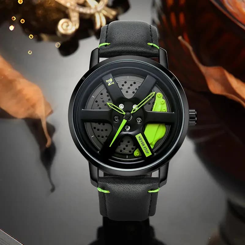  Never Stop - Stand Out with a Rotating Wheel Watch and Premium Leather Strap
